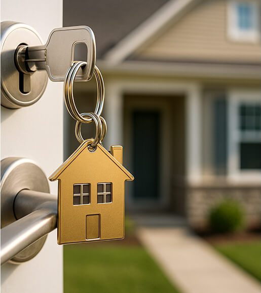 key in a door with a house in the background