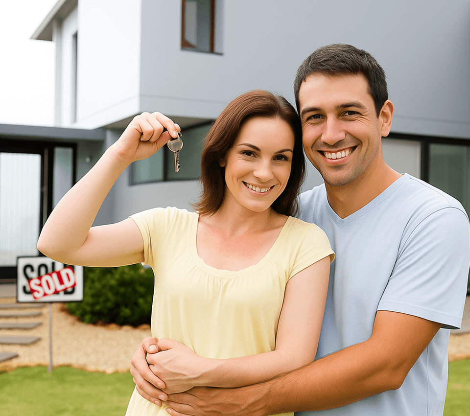 a couple embracing while holding a key infront of a house