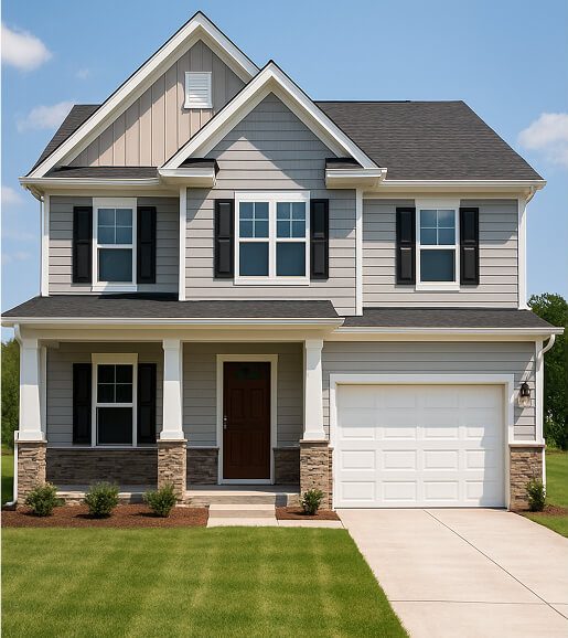 a picture of a two story house with a perfectly manicured lawns and a one car garage